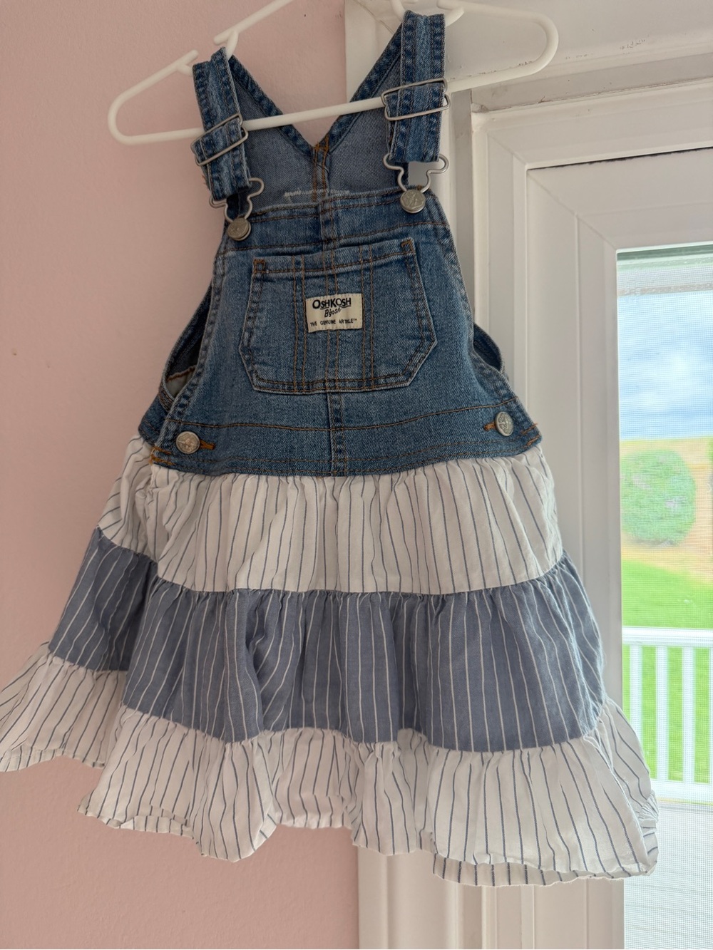 OshKosh B'gosh Denim Overall Dress with Blue and White Striped Tiers